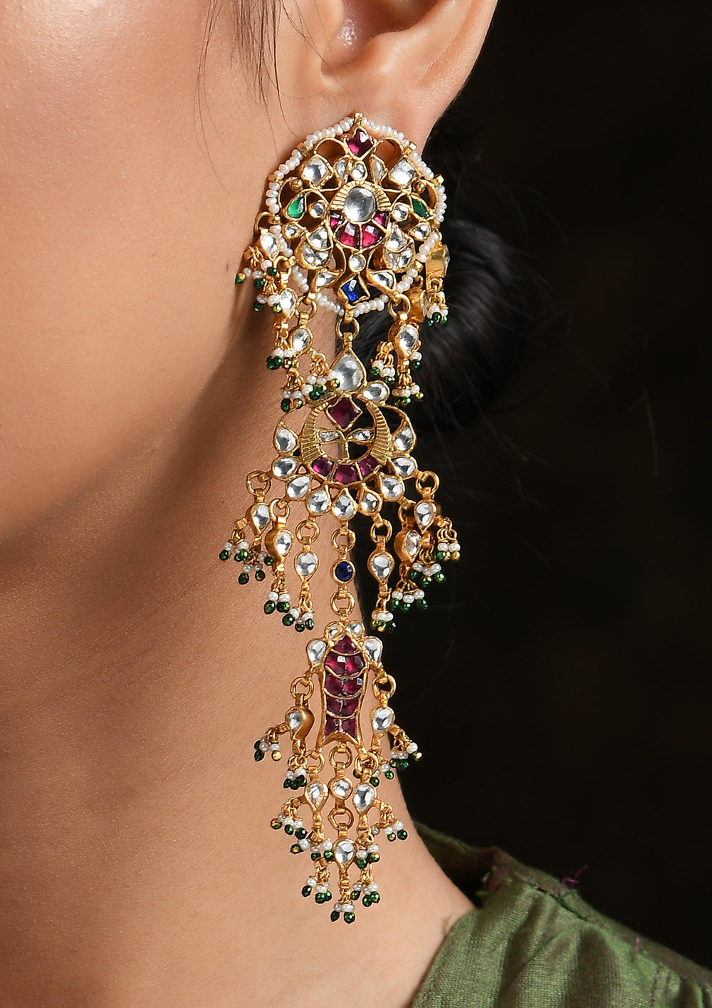 Long Multicolored Macha Earrings With Pearls