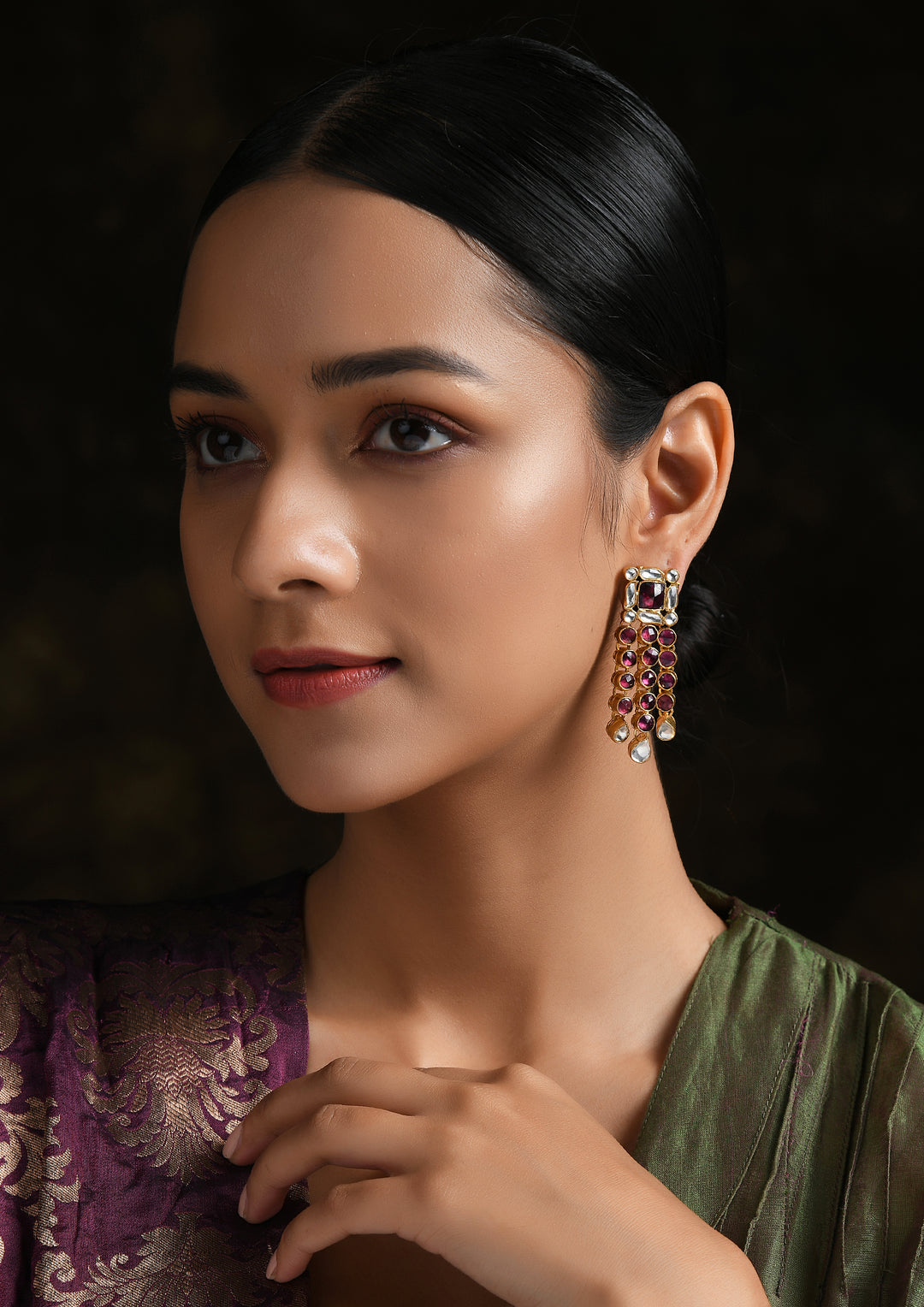Red-White Geometric Earrings With Polki And Tourmaline