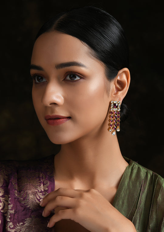 Red-White Geometric Earrings With Polki And Tourmaline