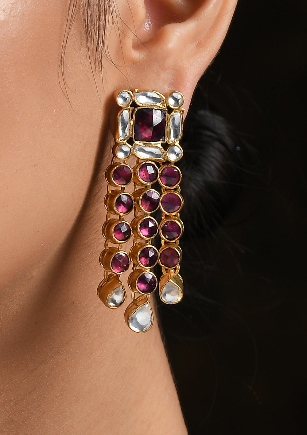 Red-White Geometric Earrings With Polki And Tourmaline