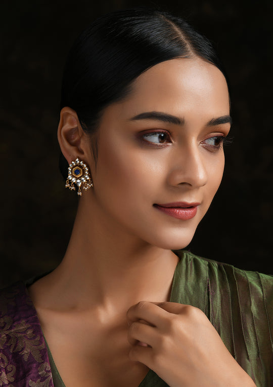 Navmi Gold Plated Studs With Polki And Pearl Hangings