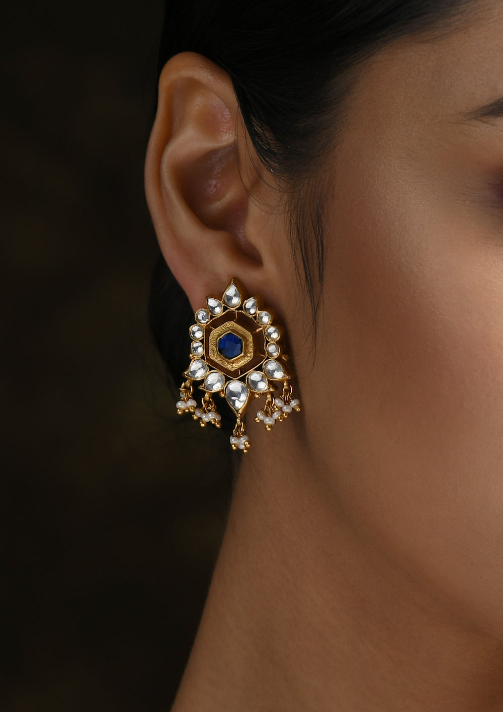 Navmi Gold Plated Studs With Polki And Pearl Hangings