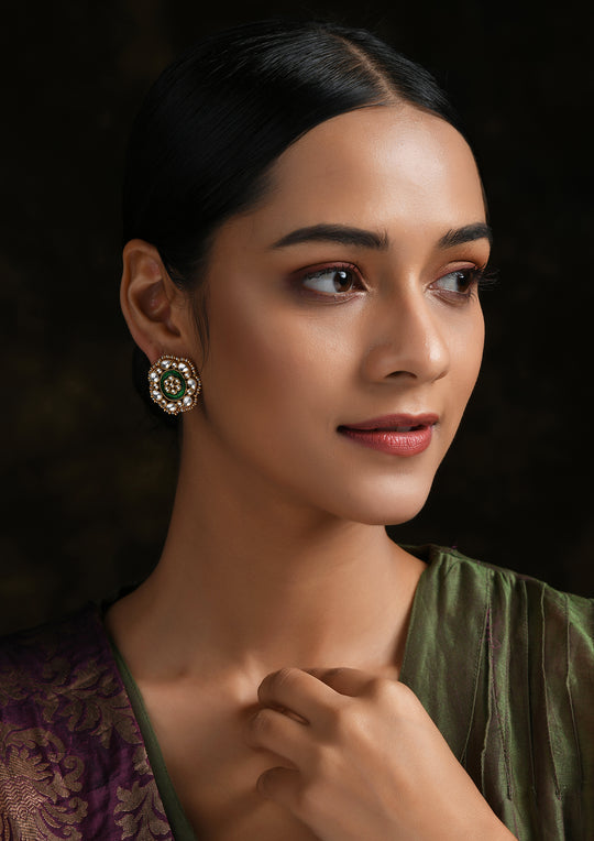 Navmi Classic Green Meenakari Studs With Kundan