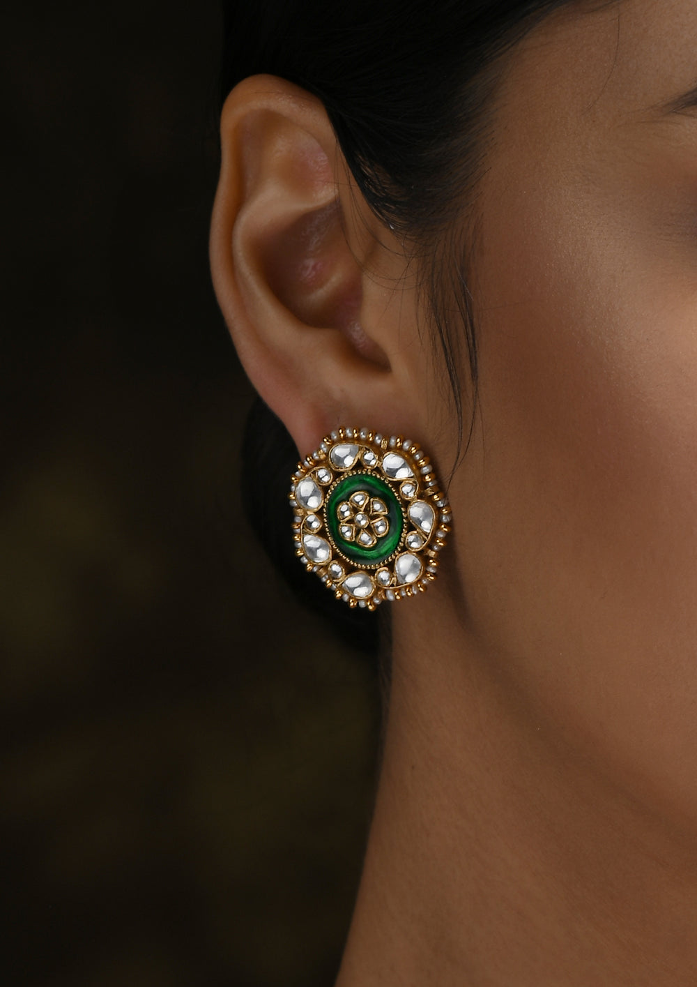 Navmi Classic Green Meenakari Studs With Kundan