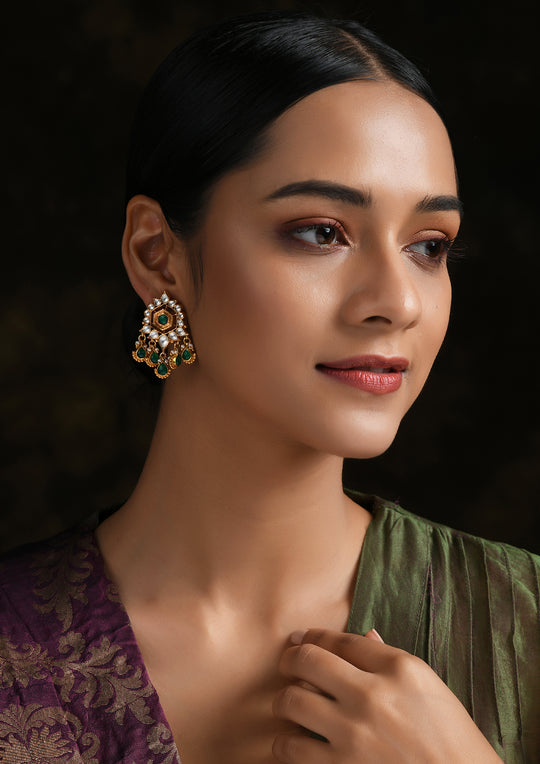 Navmi Polki And Green Onyx Studs With Gold Plated Drops