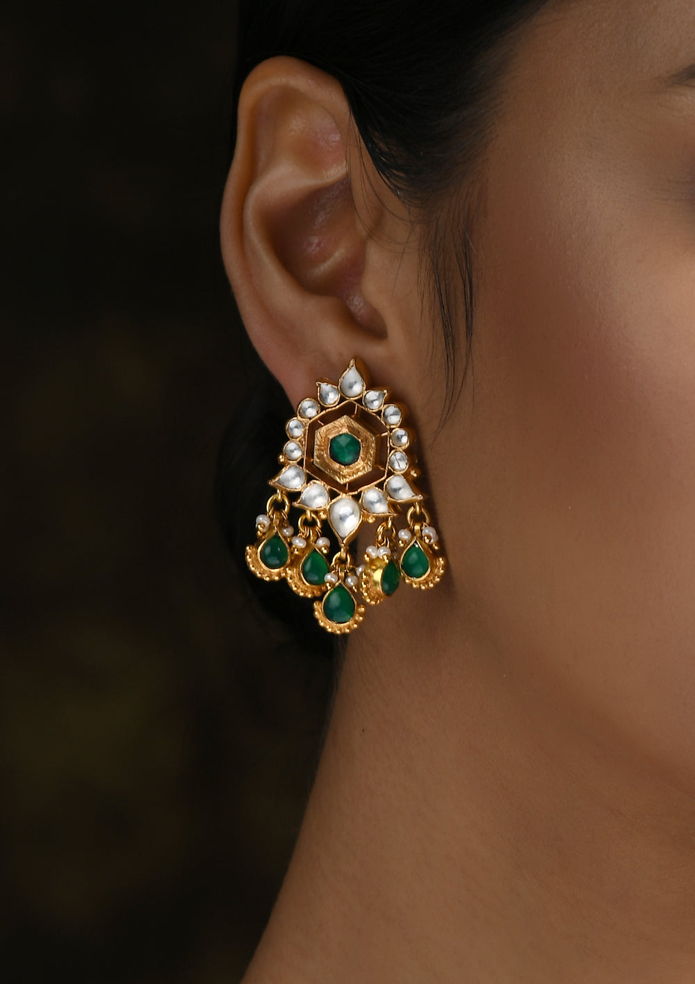 Navmi Polki And Green Onyx Studs With Gold Plated Drops