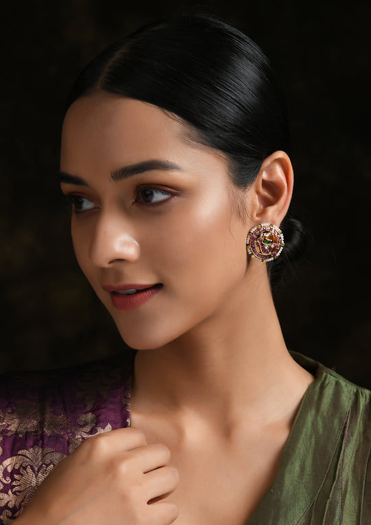 Small Multicolored Kundan Rooster Studs With Pearls