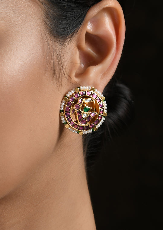 Small Multicolored Kundan Rooster Studs With Pearls