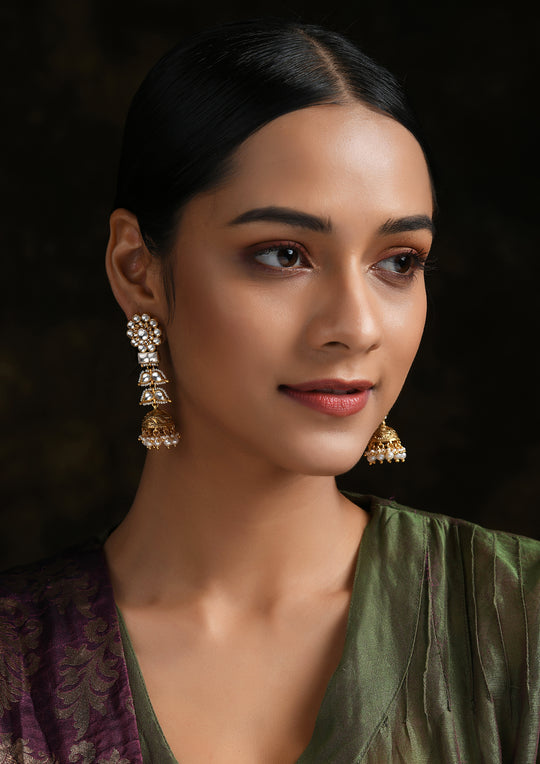 Long Flower Jhumkis With Gold Plated Silver