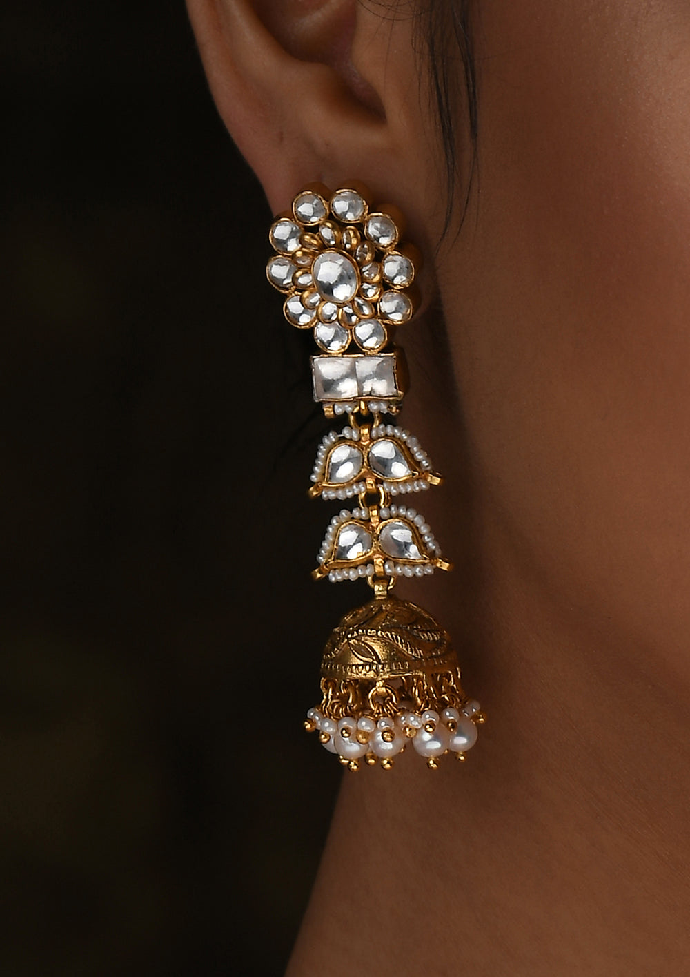 Long Flower Jhumkis With Gold Plated Silver