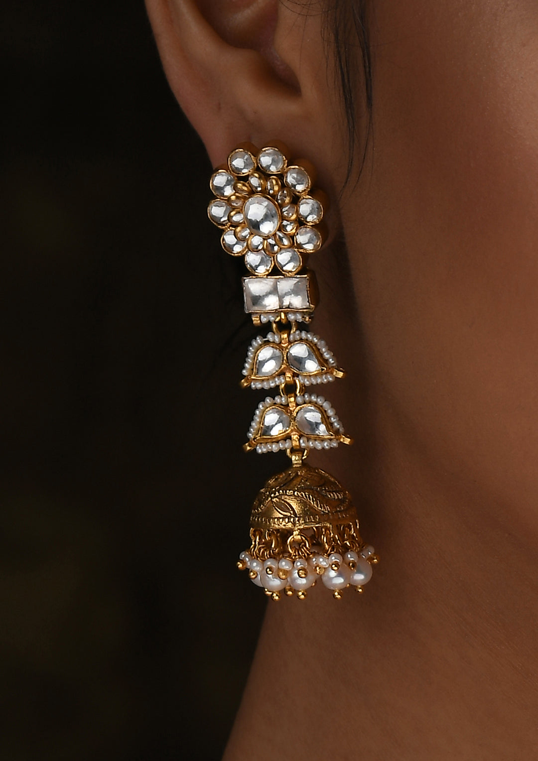 Long Flower Jhumkis With Gold Plated Silver