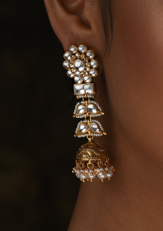 Long Flower Jhumkis With Gold Plated Silver