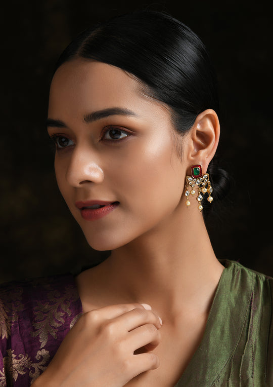 Red Meenakari Half Moon Earrings With Gold Plating