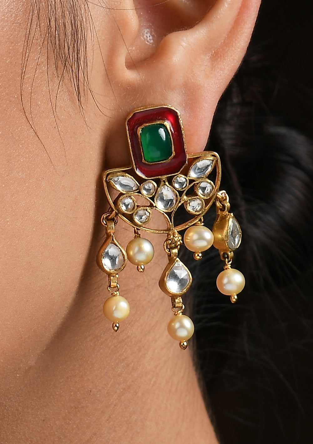 Red Meenakari Half Moon Earrings With Gold Plating