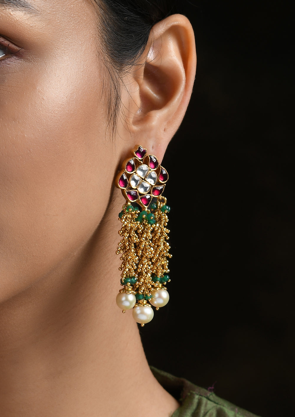 Diamond-Shaped Kundan Multicolored Earrings With Moti Guchhi Hangings