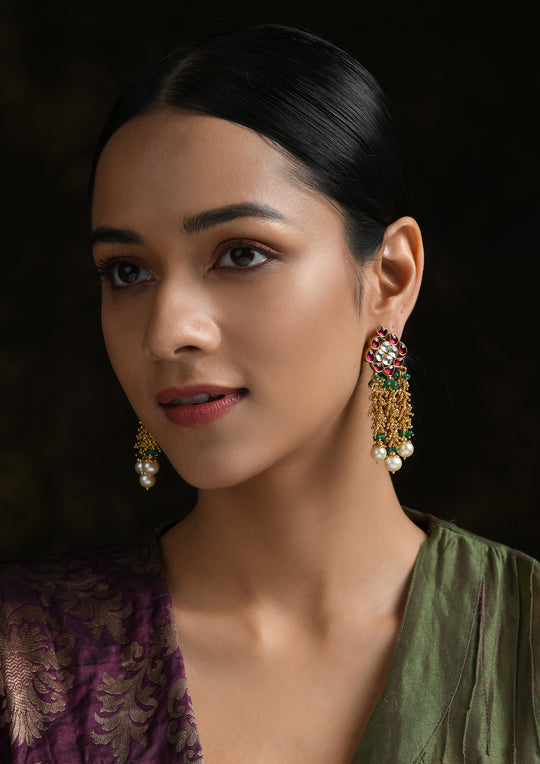 Diamond-Shaped Kundan Multicolored Earrings With Moti Guchhi Hangings