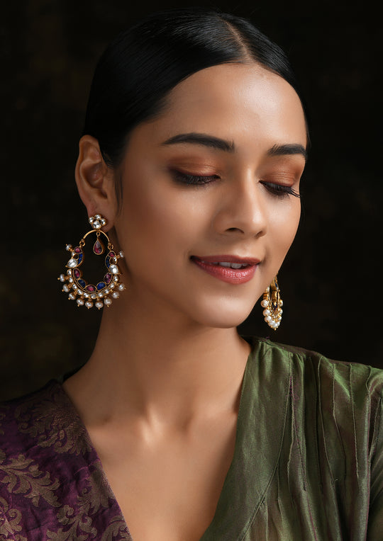 Perched Peacocks Multicolored Earrings With Polki And Pearls