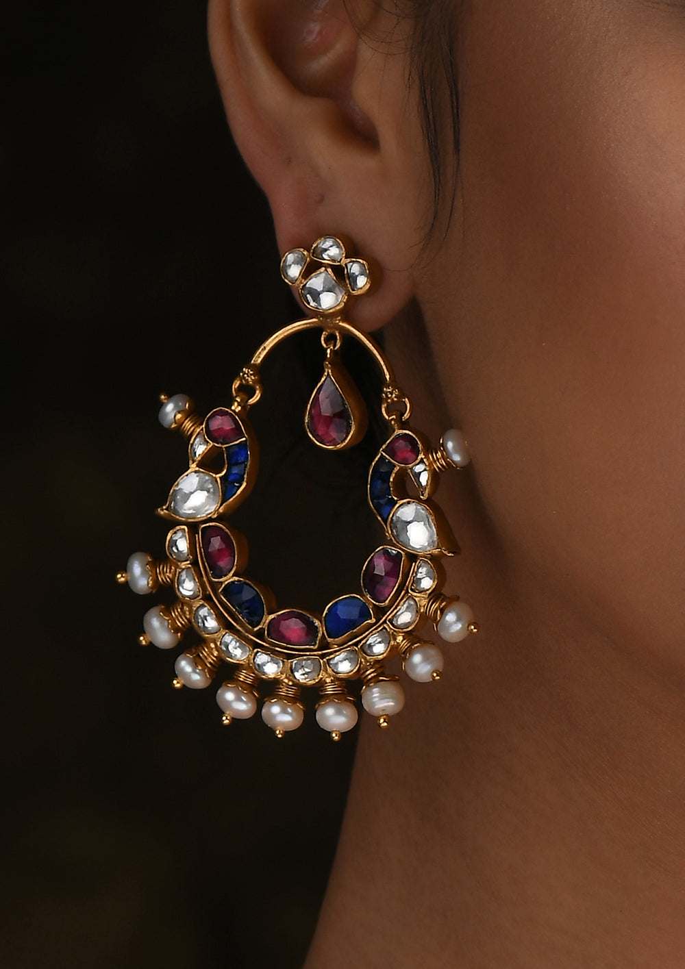 Perched Peacocks Multicolored Earrings With Polki And Pearls