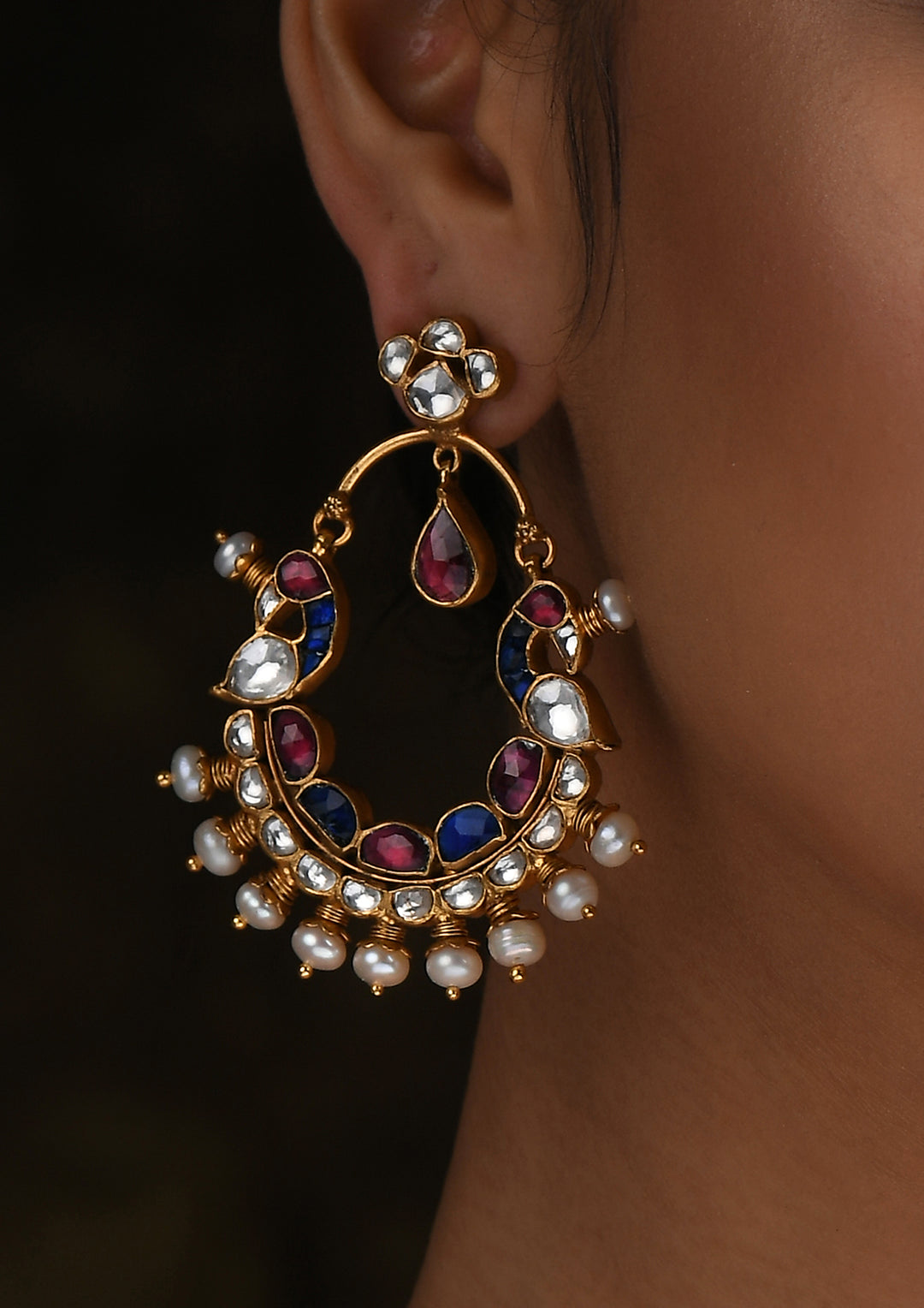 Perched Peacocks Multicolored Earrings With Polki And Pearls