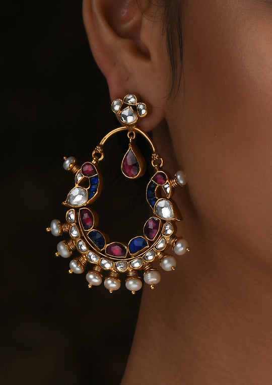 Perched Peacocks Multicolored Earrings With Polki And Pearls