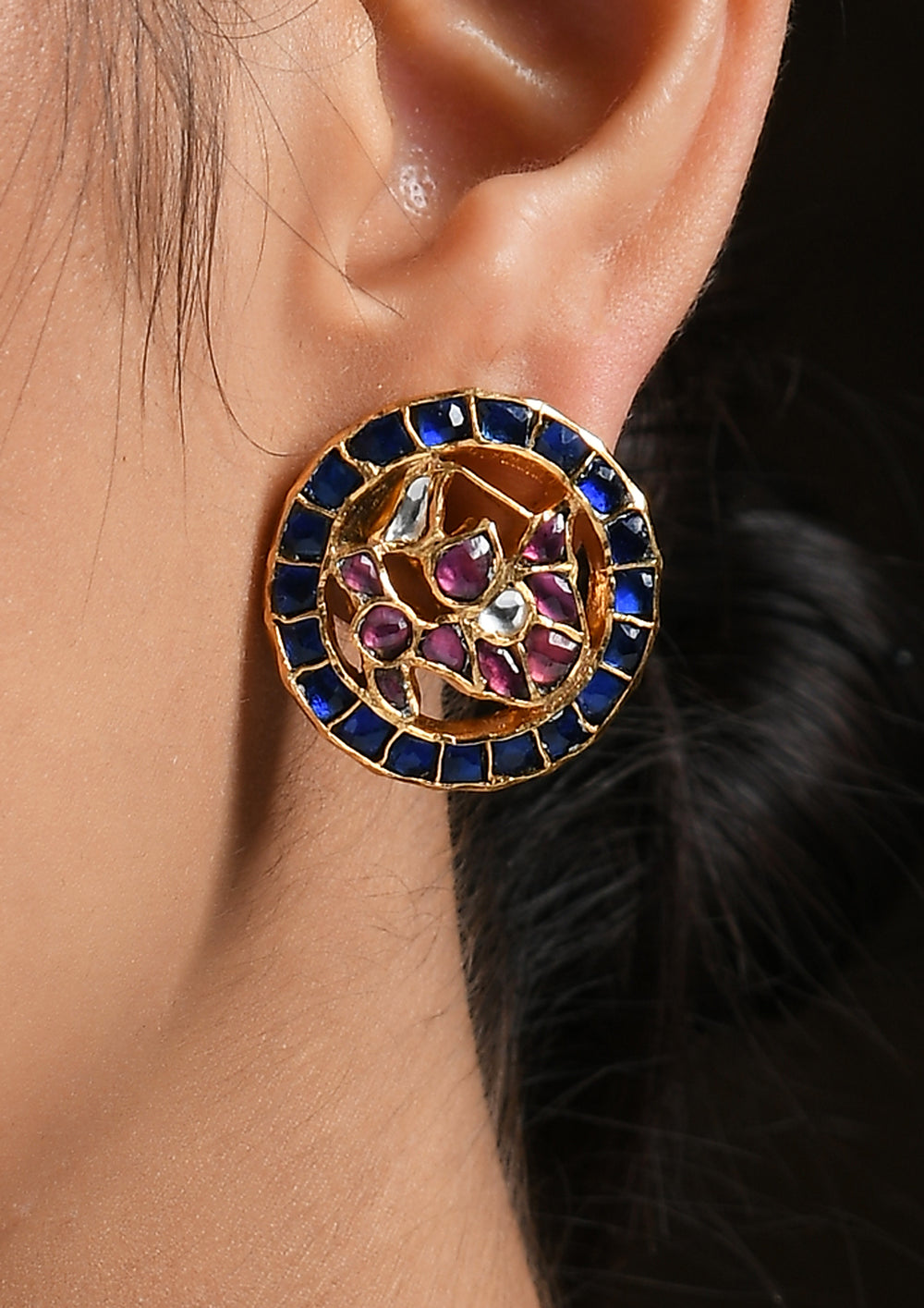 Small Blue Rooster Studs With Onyx And Polki