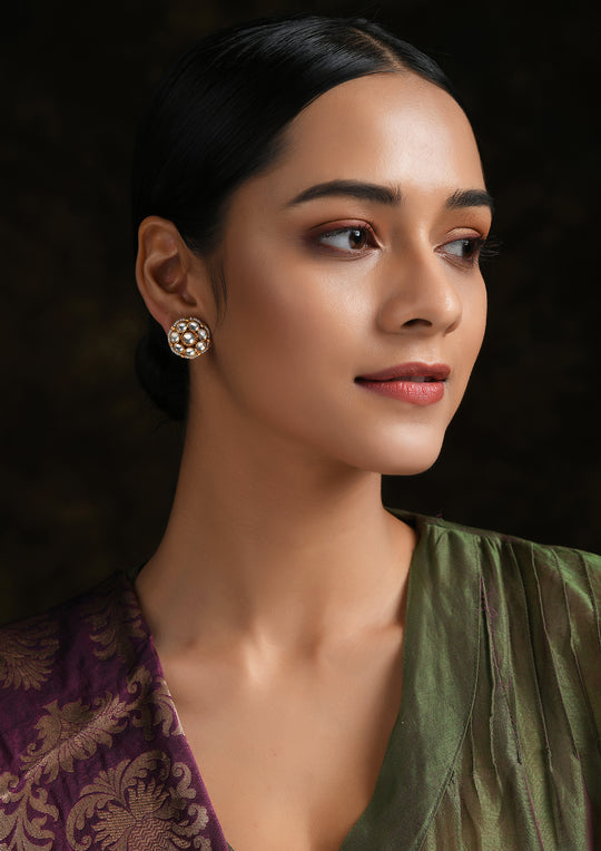 Small Floral Monochrome Studs With Pearls And Polki