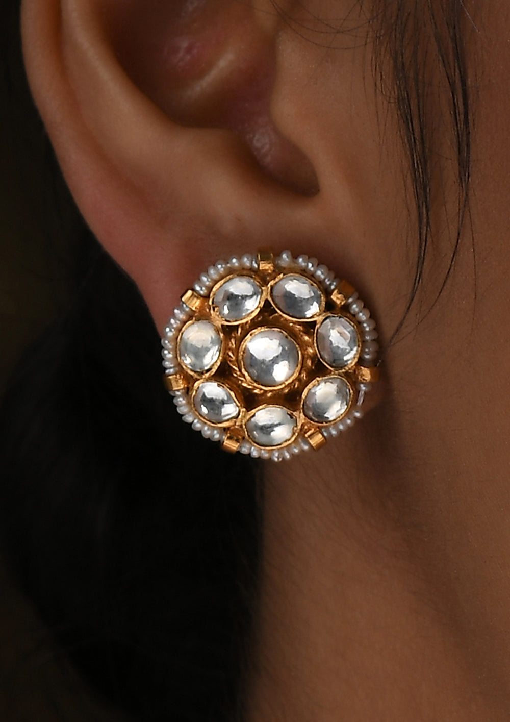 Small Floral Monochrome Studs With Pearls And Polki