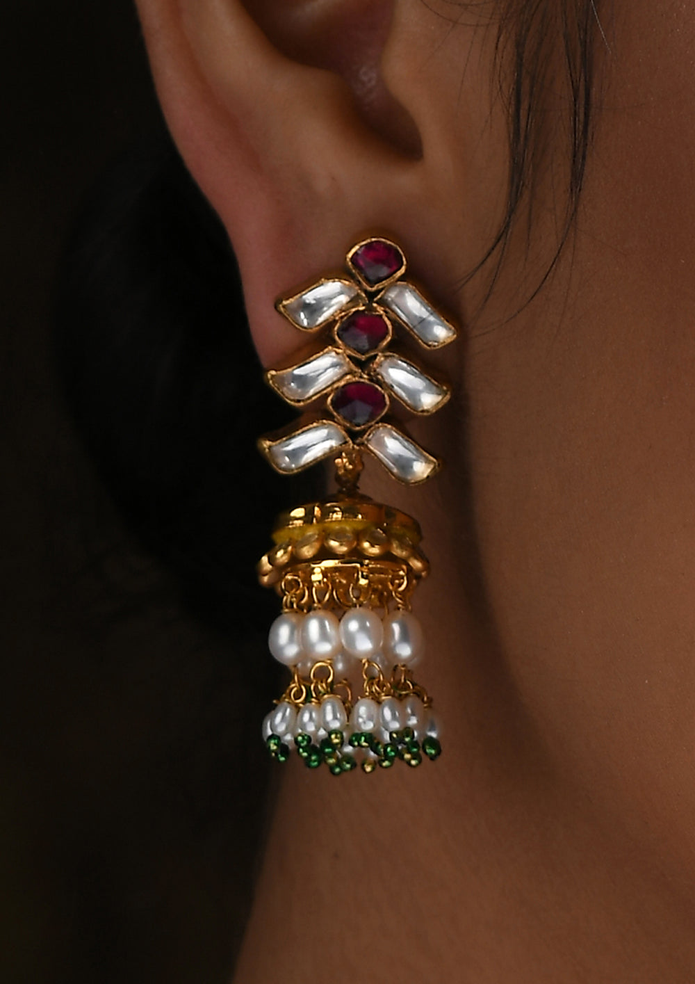 Pink And White Small Jhumkis With Gold Plating And Pearls