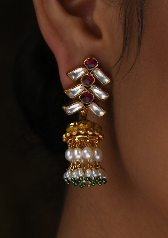 Pink And White Small Jhumkis With Gold Plating And Pearls