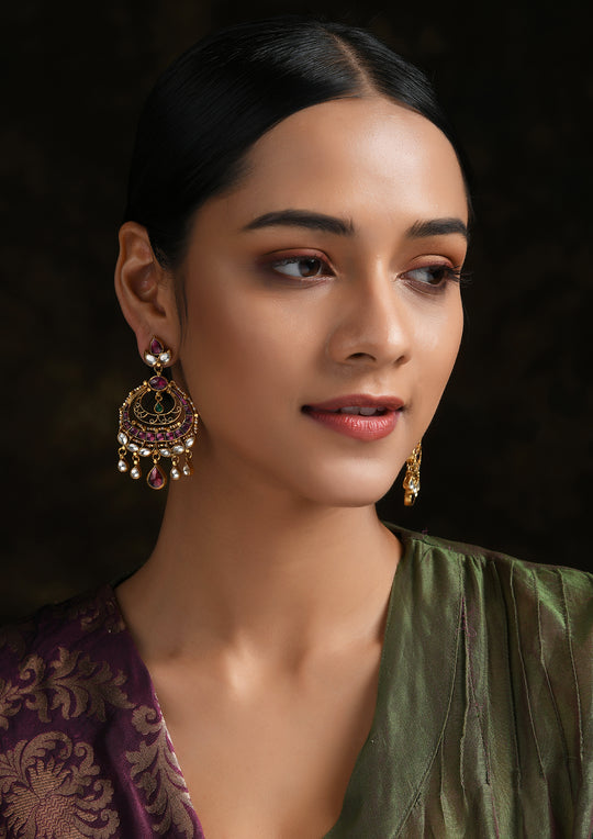 Navmi Oval Chaandbalis With Tourmaline And Gold Polish