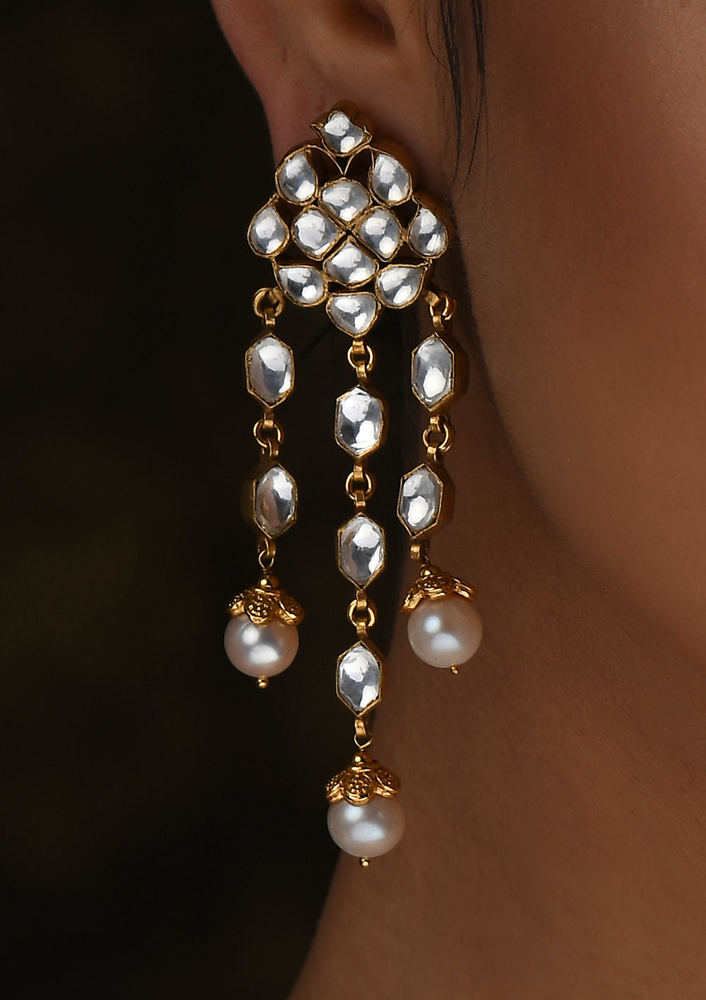 RainDrops Kundan Dangler Earrings With Pearl Drops