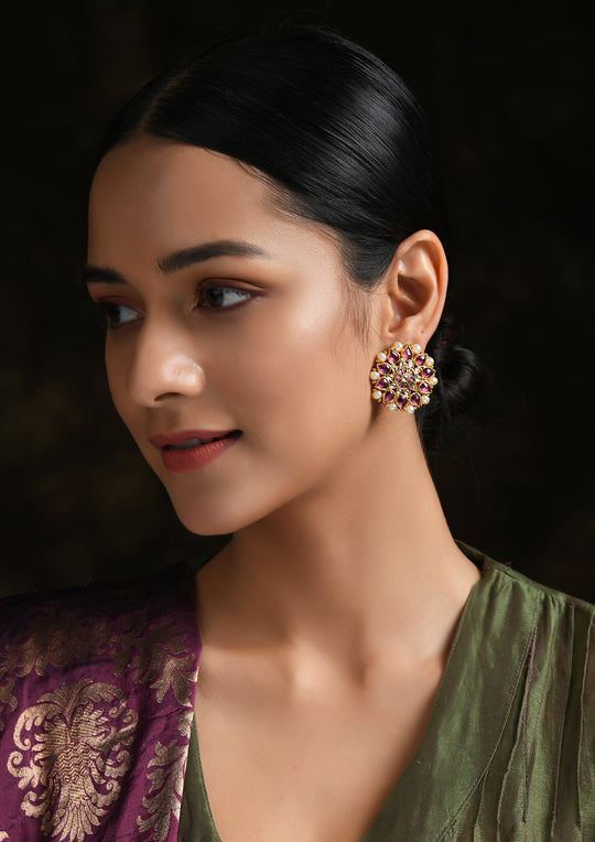 Navmi Classic Pink And White Kundan Studs With Pearls