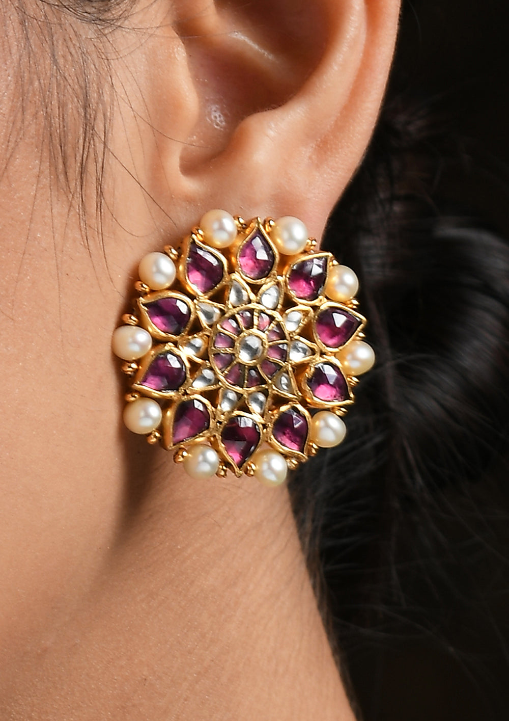 Navmi Classic Pink And White Kundan Studs With Pearls