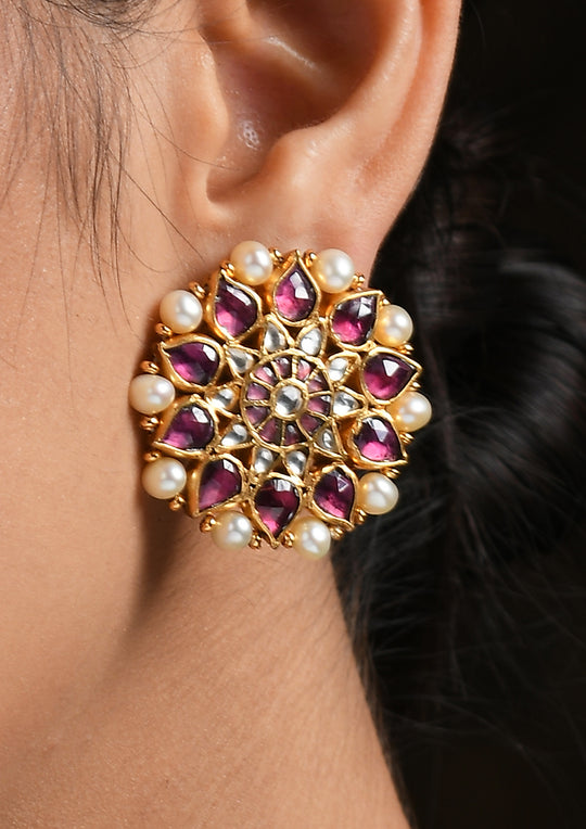 Navmi Classic Pink And White Kundan Studs With Pearls