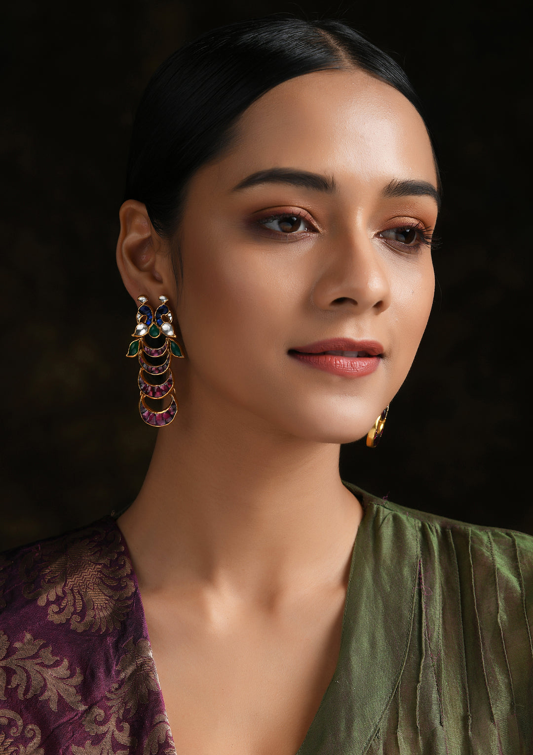 Pink Tailed Peacock Earrings in Kundan