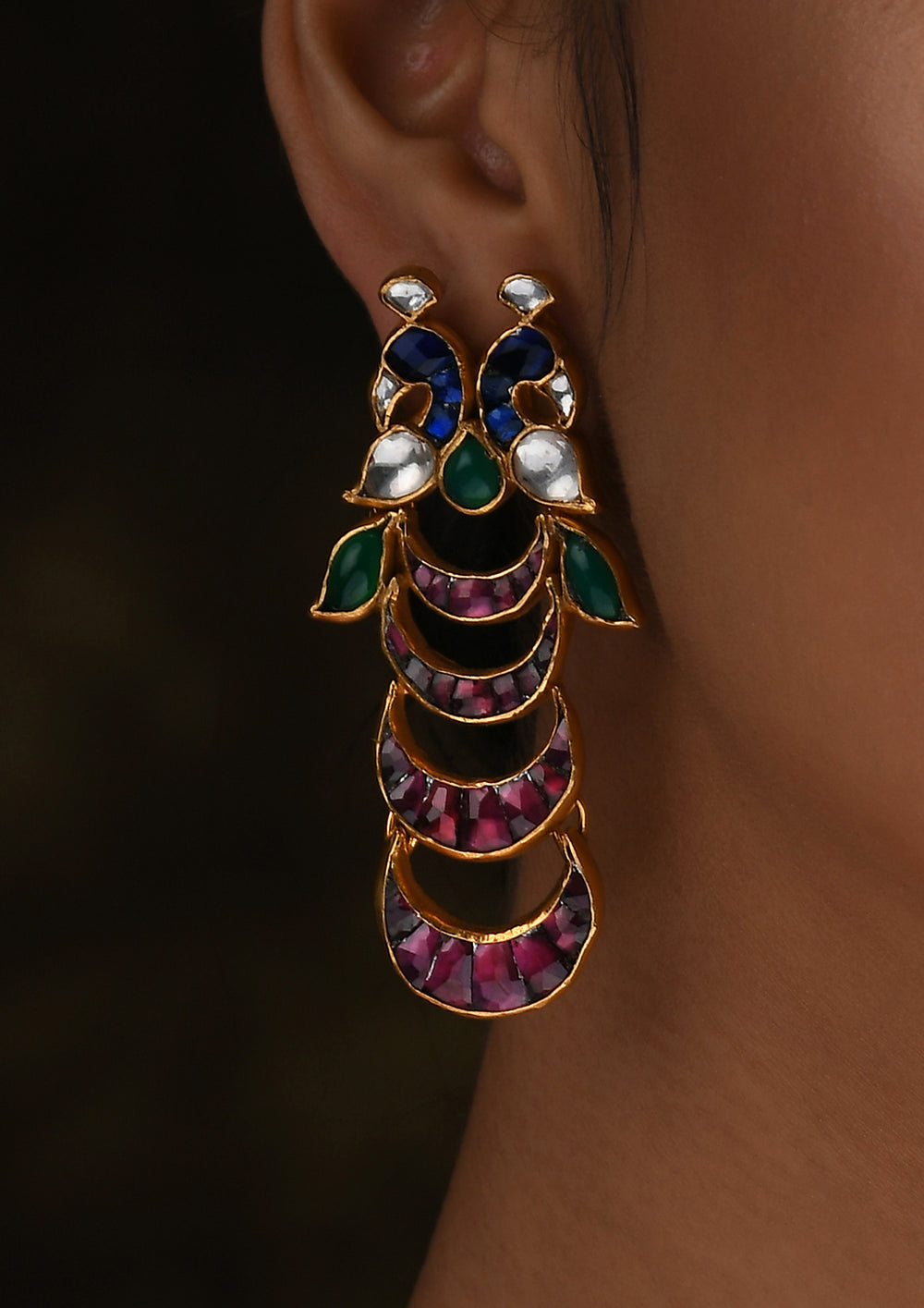 Pink Tailed Peacock Earrings in Kundan