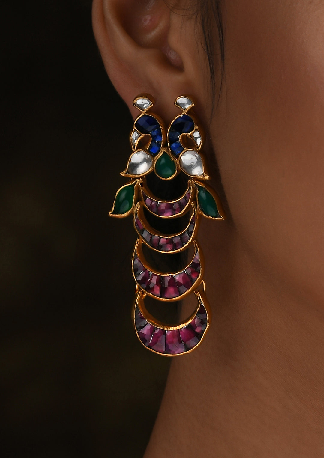 Pink Tailed Peacock Earrings in Kundan