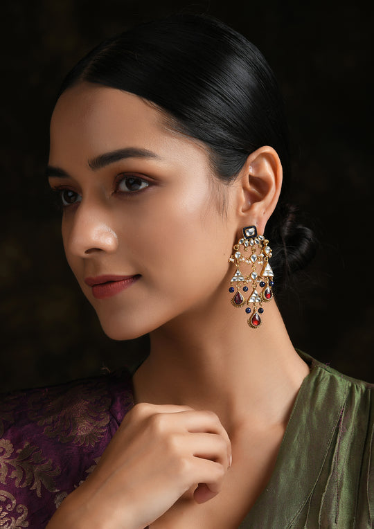 Blue Meena Dangler Earrings with Polki and Sapphires
