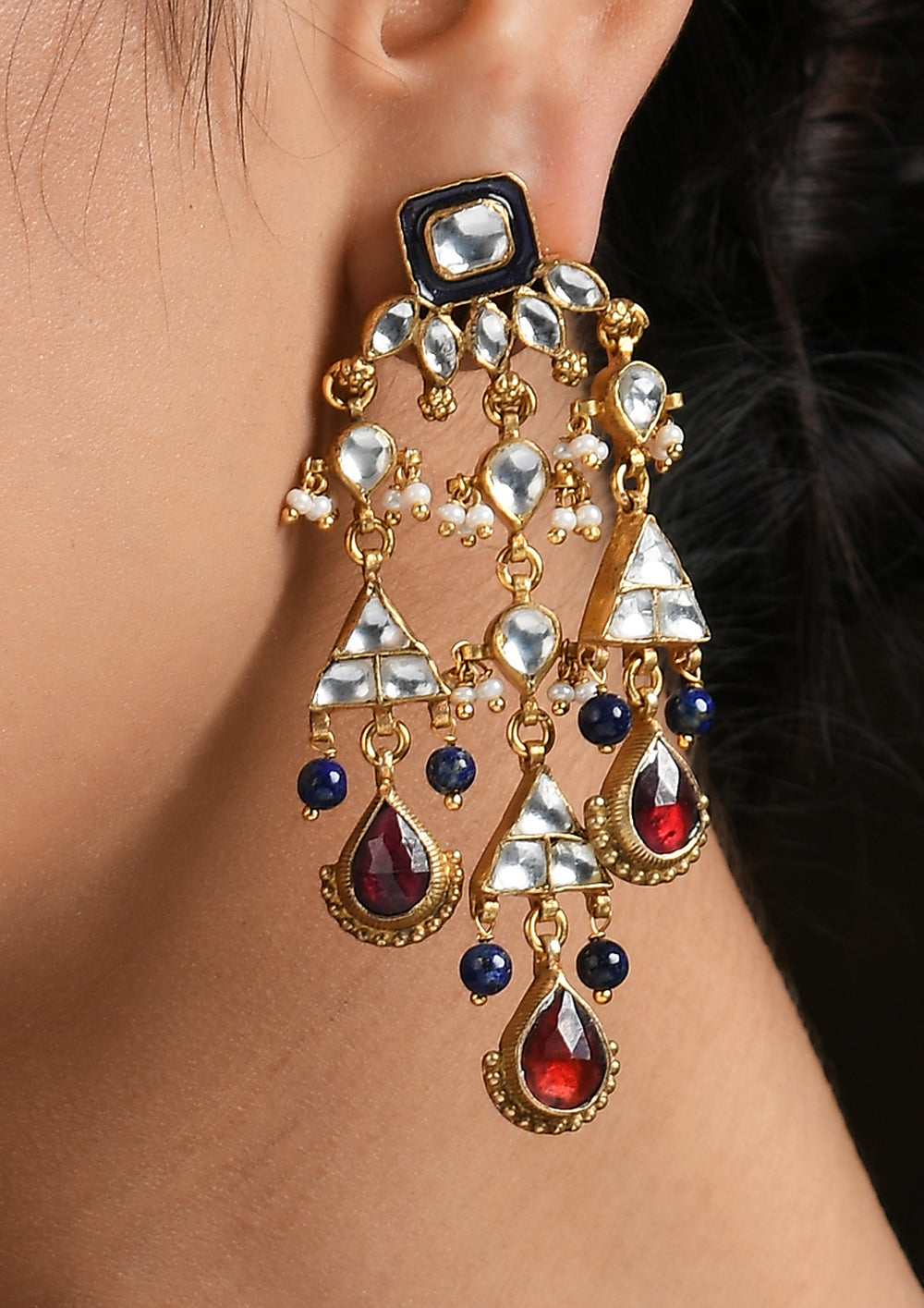 Blue Meena Dangler Earrings with Polki and Sapphires