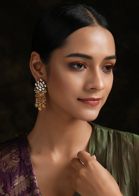 Diamond-Shaped Kundan Earrings With Moti Guchhi Hangings