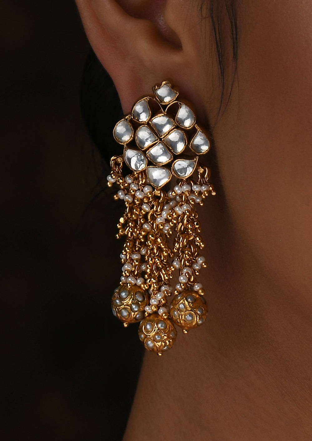 Diamond-Shaped Kundan Earrings With Moti Guchhi Hangings