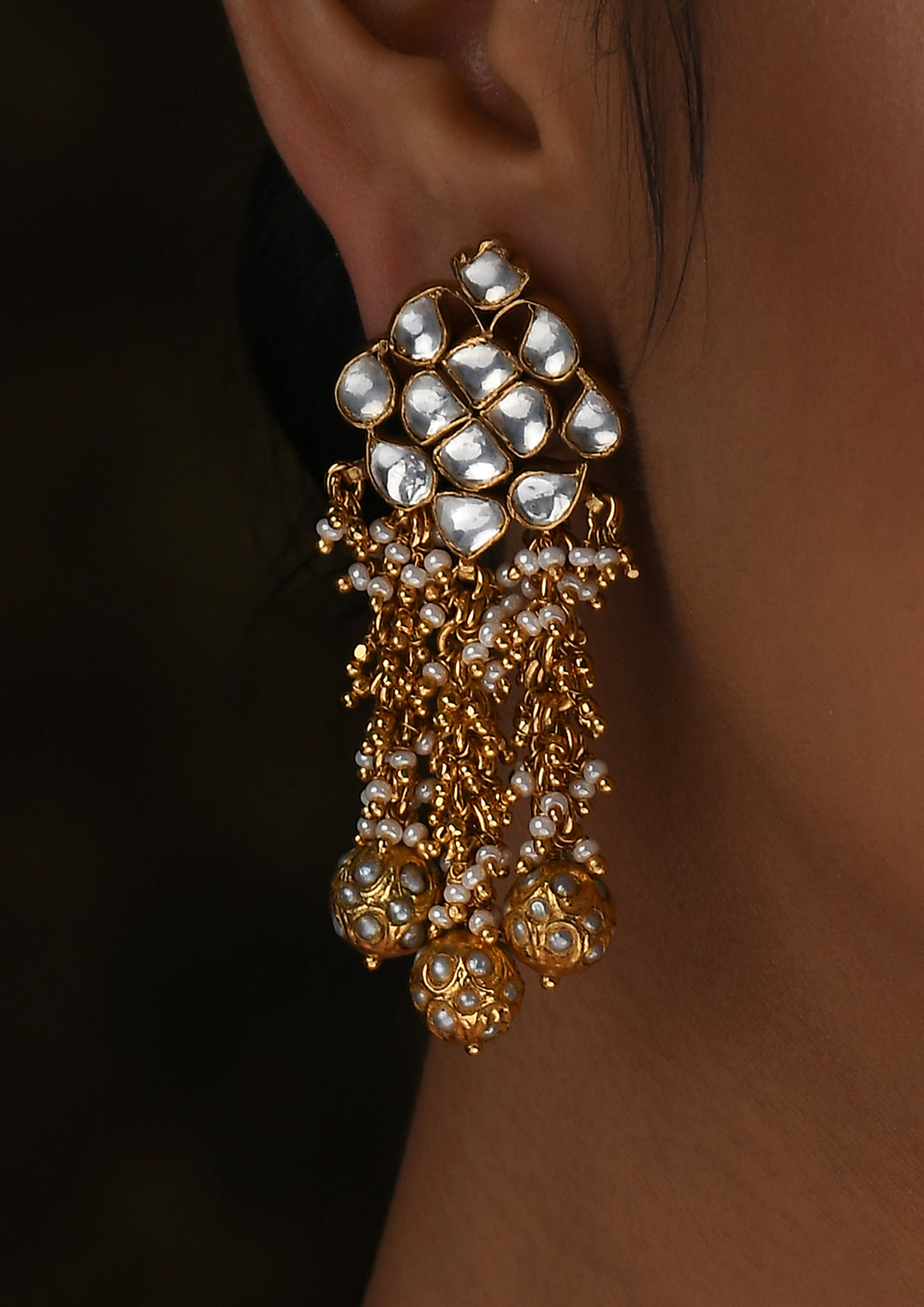 Diamond-Shaped Kundan Earrings With Moti Guchhi Hangings