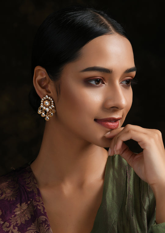 Navmi Monochrome Tribal Studs with Kundan Drops and Gold Plating