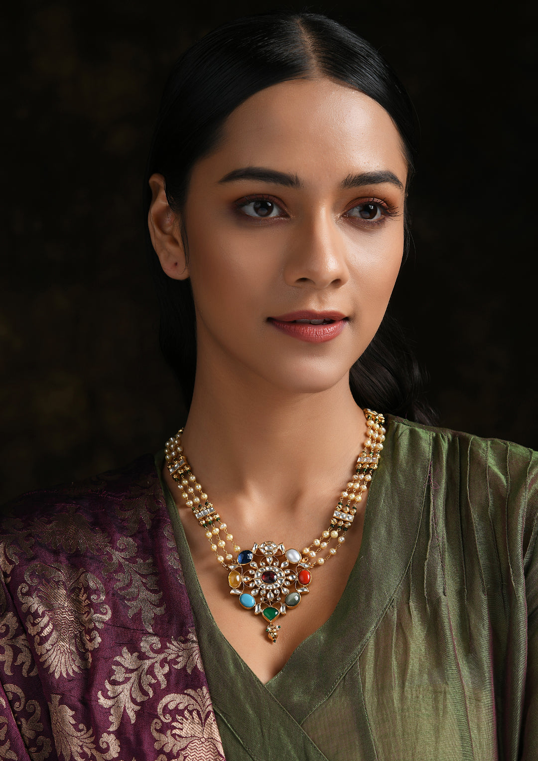 Gold Plated Long Necklace With Real Navratna Stones Pendant