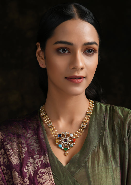 Gold Plated Long Necklace With Real Navratna Stones Pendant