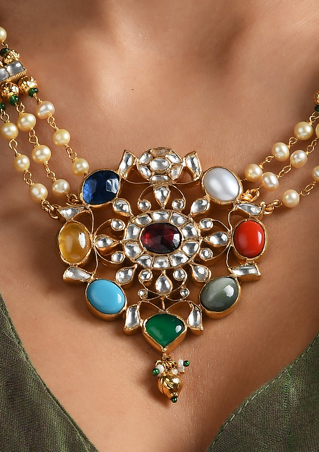 Gold Plated Long Necklace With Real Navratna Stones Pendant