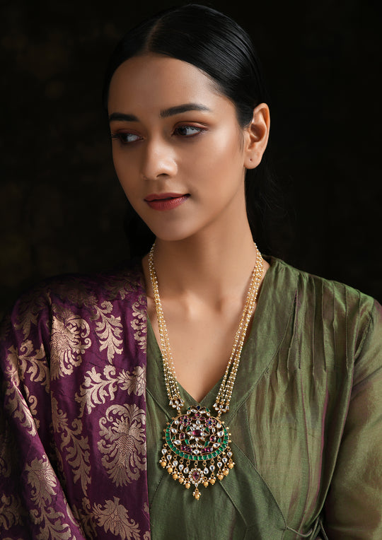Long Necklace With Oval Multicolored Pendant And Golden Drops