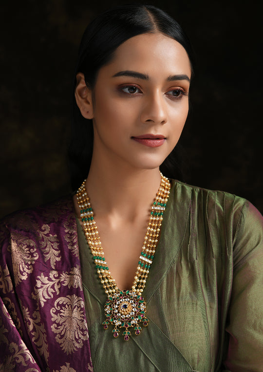 Navmi Long Necklace With Pachikari Multicolored Pendant