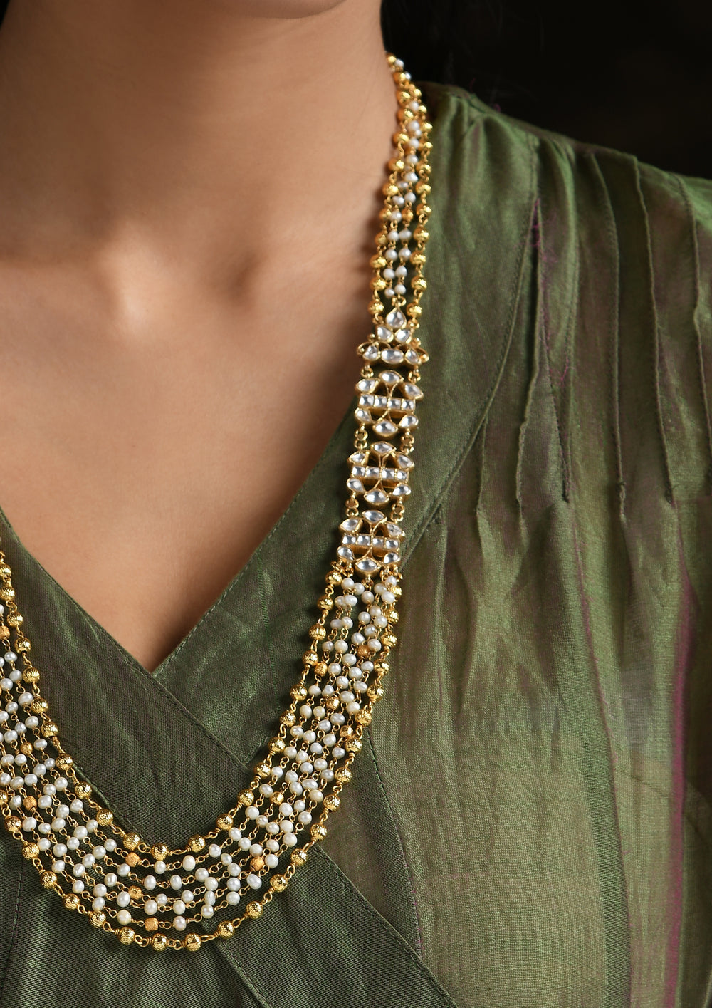 Navmi Long Pearl Guchhi Maala Necklace With Kundan Motifs