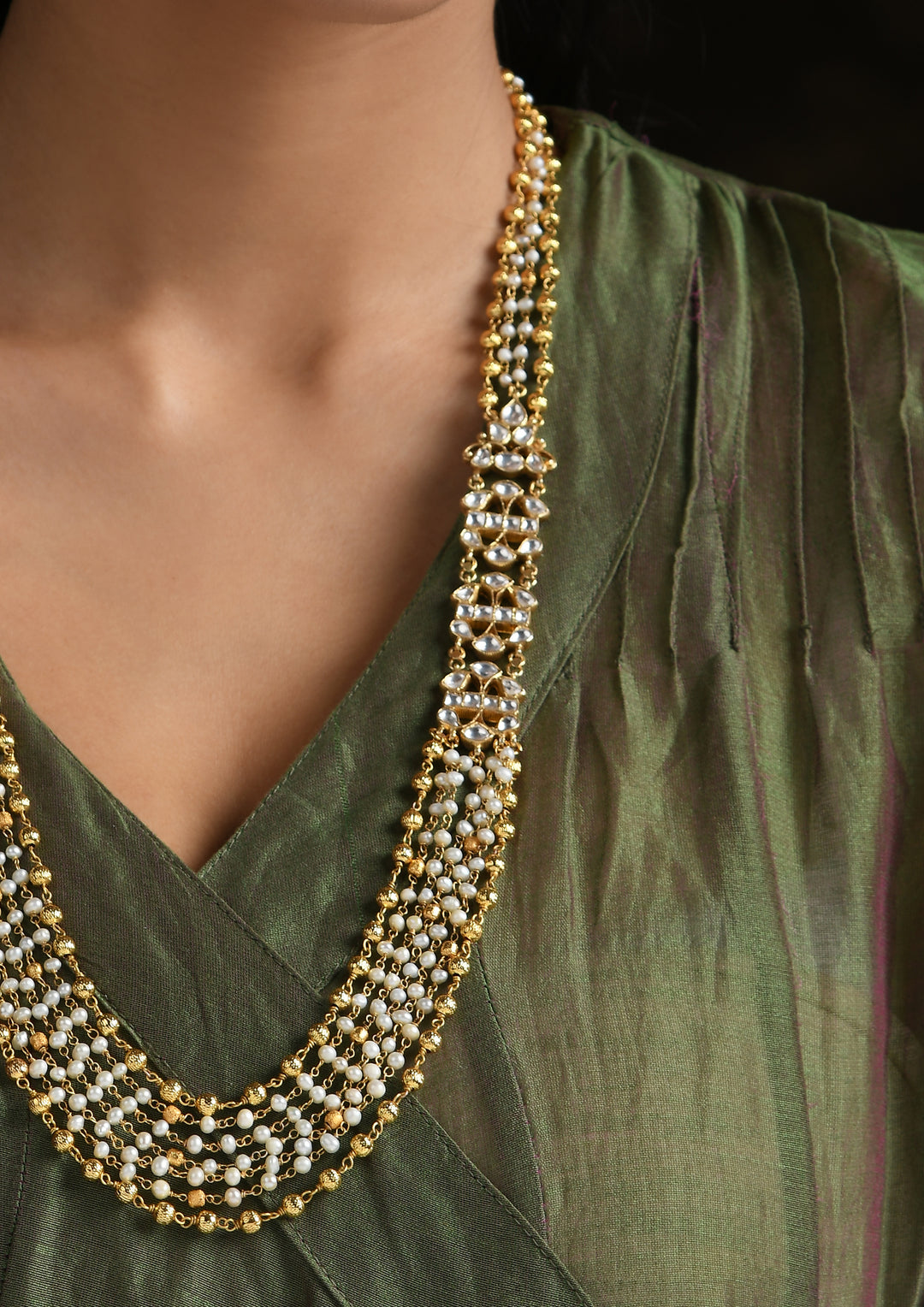 Navmi Long Pearl Guchhi Maala Necklace With Kundan Motifs